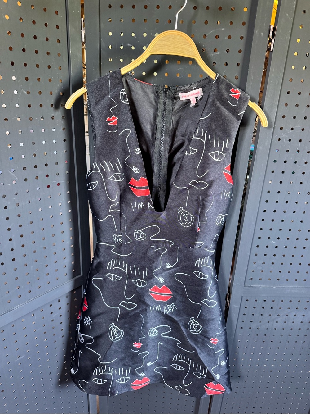 re:named Black Mini Dress with Red Lip & White Line Art *read description